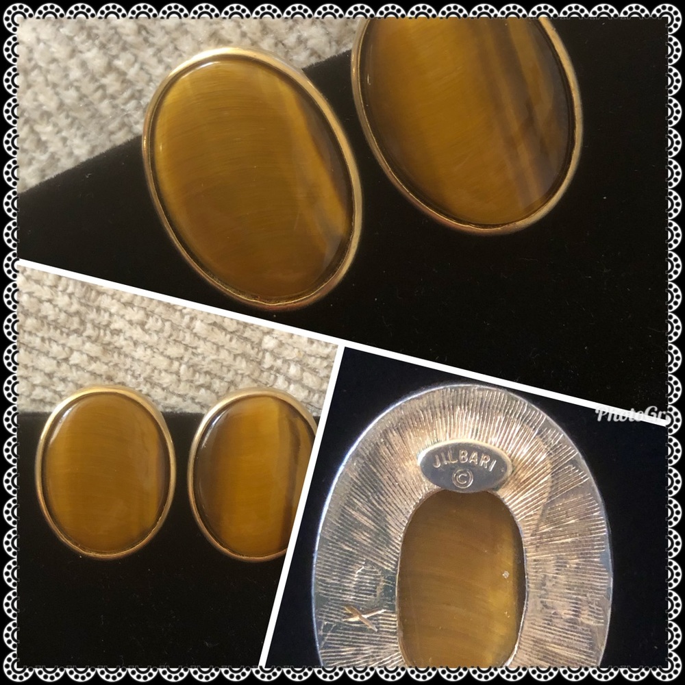Vintage Jil Bari Oval Faux Tigers Eye Clip On Earrings